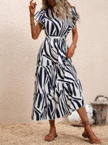 SHEIN Clasi Allover Print Butterfly Sleeve Ruffle Hem Belted Dress - Blue and White - View 4