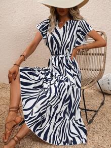 SHEIN Clasi Allover Print Butterfly Sleeve Ruffle Hem Belted Dress - Blue and White - View 5