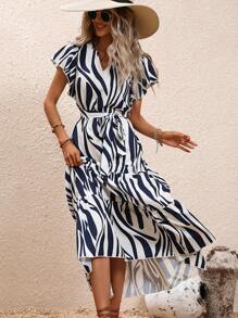 SHEIN Clasi Allover Print Butterfly Sleeve Ruffle Hem Belted Dress - Blue and White - View 6