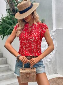 SHEIN VCAY Áo sơ mi nữ viền lá sen Xù Thắt nơ trước Hoa Boho - Đỏ - Xem 1