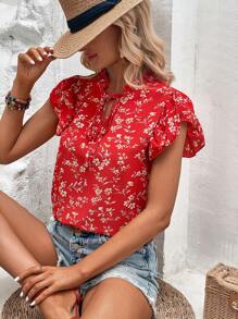 SHEIN VCAY Áo sơ mi nữ viền lá sen Xù Thắt nơ trước Hoa Boho - Đỏ - Xem 3