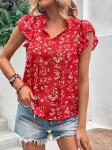 SHEIN VCAY Áo sơ mi nữ viền lá sen Xù Thắt nơ trước Hoa Boho - Đỏ - Xem 4