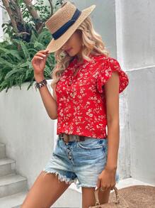 SHEIN VCAY Áo sơ mi nữ viền lá sen Xù Thắt nơ trước Hoa Boho - Đỏ - Xem 5
