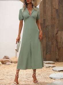 SHEIN Clasi Solid Split Thigh Puff Sleeve Dress - Mint Green - View 4