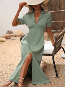 SHEIN Clasi Solid Split Thigh Puff Sleeve Dress - Mint Green - View 5