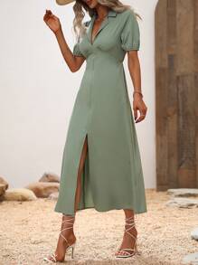 SHEIN Clasi Solid Split Thigh Puff Sleeve Dress - Mint Green - View 6