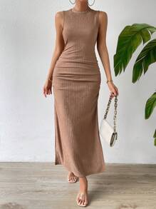 SHEIN Privé Đầm Xù Tách cao màu trơn Giải trí - màu nâu - Xem 4