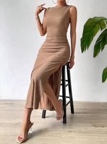 SHEIN Privé Đầm Xù Tách cao màu trơn Giải trí - màu nâu - Xem 1
