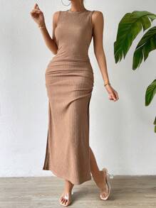 SHEIN Privé Đầm Xù Tách cao màu trơn Giải trí - màu nâu - Xem 3