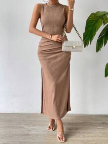 SHEIN Privé Đầm Xù Tách cao màu trơn Giải trí - màu nâu - Xem 5