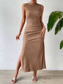 SHEIN Privé Đầm Xù Tách cao màu trơn Giải trí - màu nâu - Xem 6