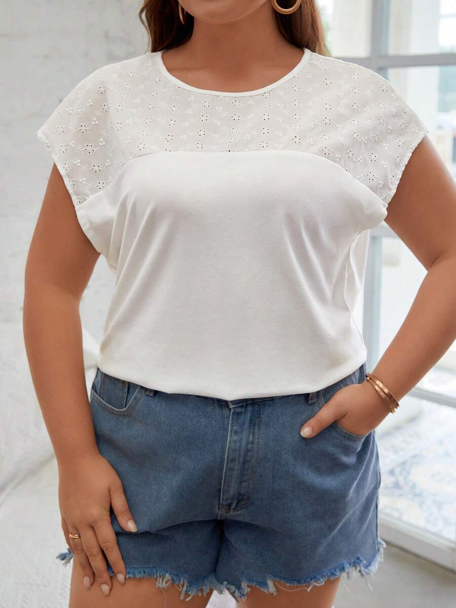 SHEIN Frenchy Plus Eyelet Embroidery Batwing Sleeve Tee - White - View 1