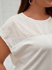 SHEIN Frenchy Plus Eyelet Embroidery Batwing Sleeve Tee - White - View 2