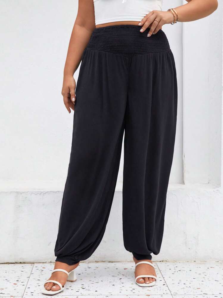 SHEIN Frenchy מכווץ פשוט קז'ואל מכנסיים במידות גדולות - שחור - ראה 1