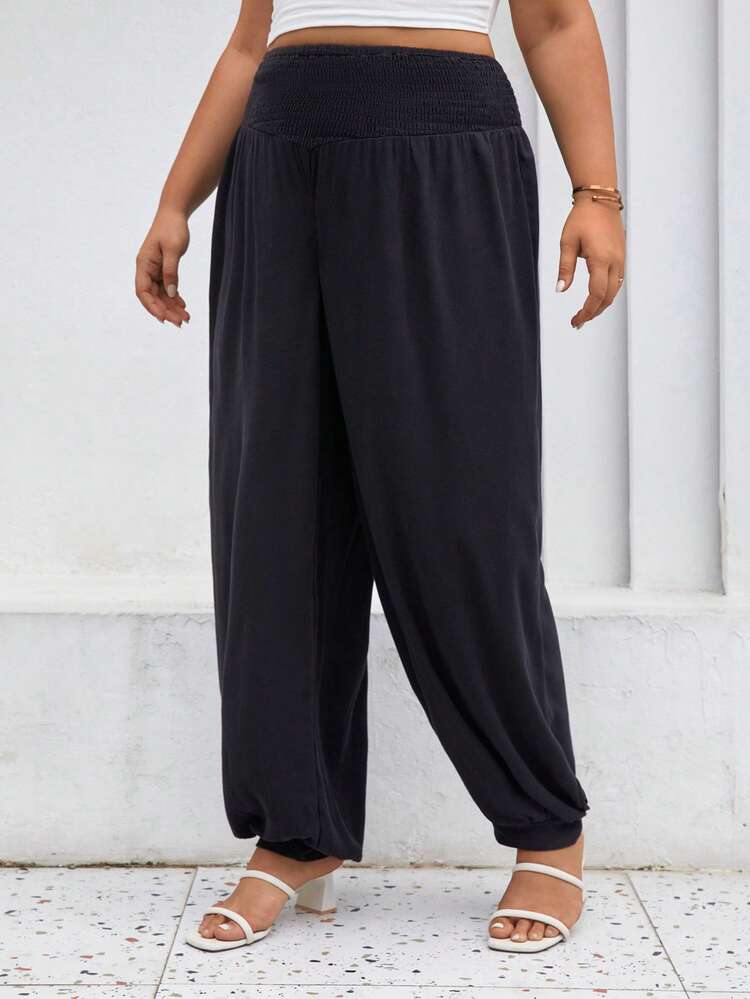 SHEIN Frenchy מכווץ פשוט קז'ואל מכנסיים במידות גדולות - שחור - ראה 4