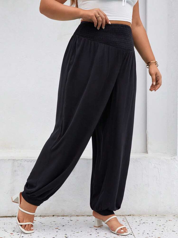 SHEIN Frenchy מכווץ פשוט קז'ואל מכנסיים במידות גדולות - שחור - ראה 5