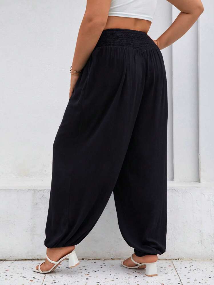 SHEIN Frenchy מכווץ פשוט קז'ואל מכנסיים במידות גדולות - שחור - ראה 6