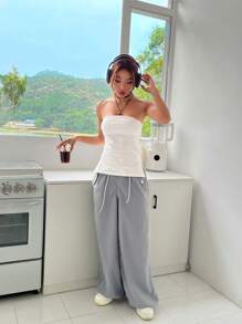SHEIN EZwear 夏季服飾純色開叉下擺筒白色上衣 - 白色 - 查看 3