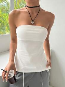 SHEIN EZwear 夏季服飾純色開叉下擺筒白色上衣 - 白色 - 查看 4