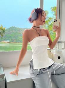 SHEIN EZwear 夏季服飾純色開叉下擺筒白色上衣 - 白色 - 查看 5