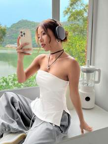 SHEIN EZwear 夏季服飾純色開叉下擺筒白色上衣 - 白色 - 查看 6