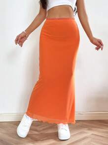 SHEIN EZwear 素色木耳邊魚尾裙下擺網紗半身裙 - 橘色 - 查看 1