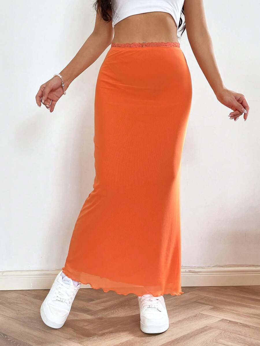 SHEIN EZwear 素色木耳邊魚尾裙下擺網紗半身裙 - 橘色 - 查看 1