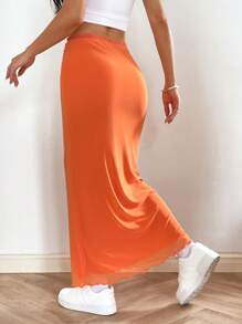 SHEIN EZwear 素色木耳邊魚尾裙下擺網紗半身裙 - 橘色 - 查看 2