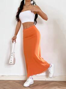 SHEIN EZwear 素色木耳邊魚尾裙下擺網紗半身裙 - 橘色 - 查看 4