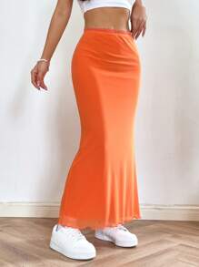 SHEIN EZwear 素色木耳邊魚尾裙下擺網紗半身裙 - 橘色 - 查看 6