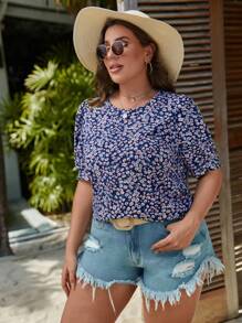 SHEIN Clasi Blusa con estampado floral de manga farol - Morado - Ver 3