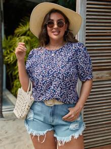 SHEIN Clasi Blusa con estampado floral de manga farol - Morado - Ver 5