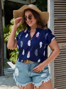 SHEIN LUNE Plus Feather Print Batwing Sleeve Blouse - Navy Blue - View 4
