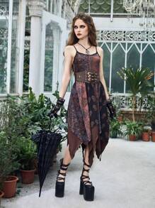 ROMWE Goth 印花手帕下擺吊帶連衣裙不附腰帶 - 棕色 - 查看 1