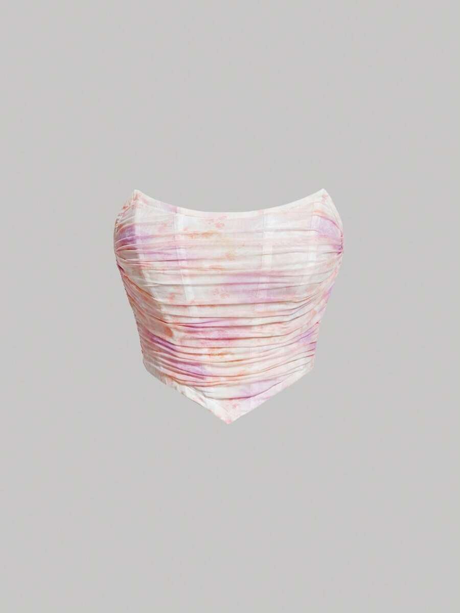 SHEIN MOD Tie Dye Ruched Bandana Hem Crop Tube Top