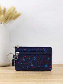 Bolsa de Moedas com Zíper em Tecido com Estampa de Bolinhas Azuis