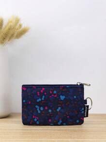 Bolsa de Moedas com Zíper em Tecido com Estampa de Bolinhas Azuis