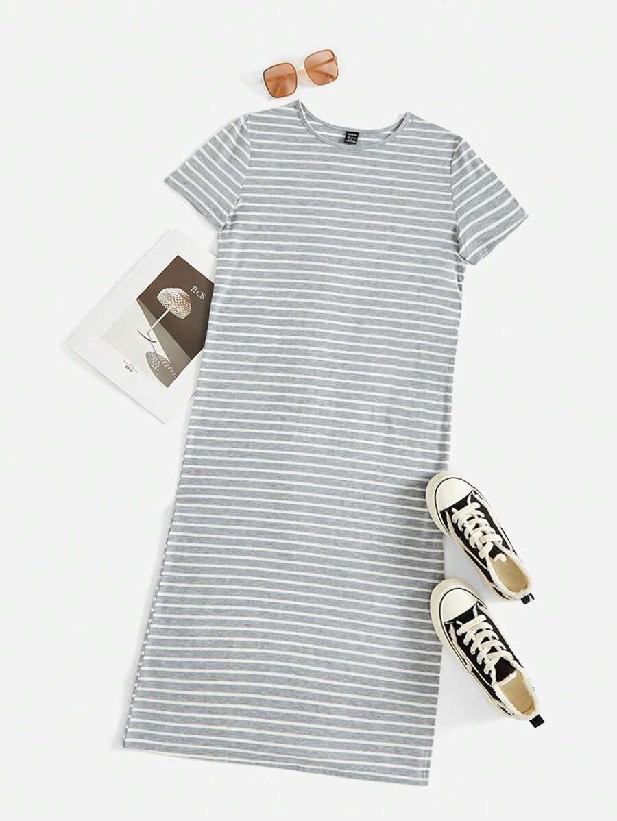 SHEIN EZwear 條紋印花T恤連衣裙 - 淺灰色 - 查看 1