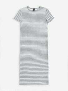 SHEIN EZwear 條紋印花T恤連衣裙 - 淺灰色 - 查看 3