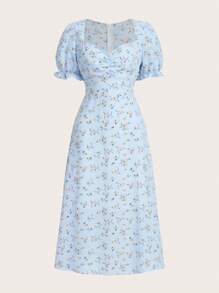 GENKIRA Vestido con estampado floral pecho con fruncido de manga farol - Celeste - Ver 1