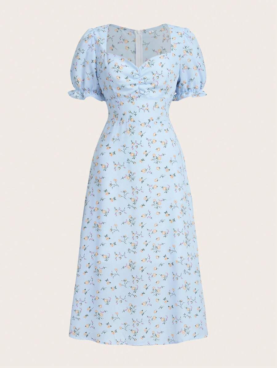 GENKIRA Vestido con estampado floral pecho con fruncido de manga farol - Celeste - Ver 1