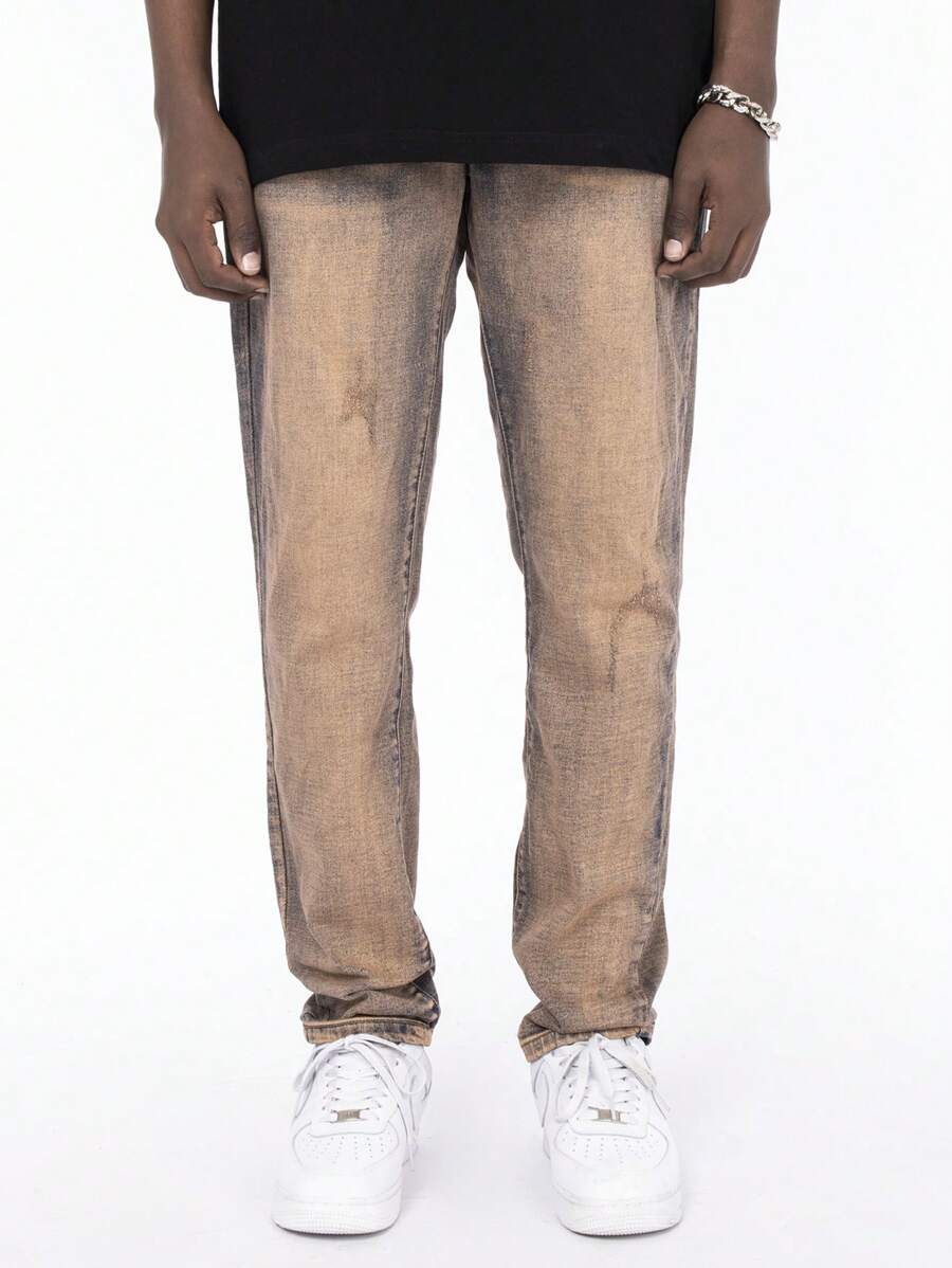 Men Slant Pocket Straight Leg Jeans - Rust Brown - View 1