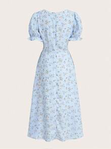 GENKIRA Vestido con estampado floral pecho con fruncido de manga farol - Celeste - Ver 2