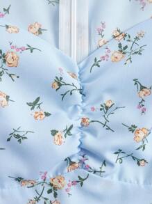 GENKIRA Vestido con estampado floral pecho con fruncido de manga farol - Celeste - Ver 4