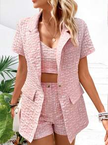 Calvaya 花卉圖案暗紋提花西裝和吊帶背心和短褲