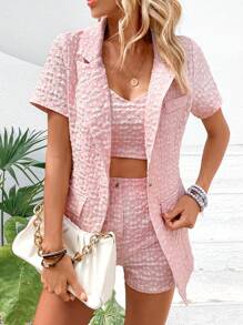 Calvaya 花卉圖案暗紋提花西裝和吊帶背心和短褲