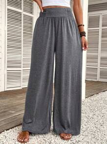 SHEIN LUNE Pantalones de pierna ancha unicolor - Gris Oscuro - Ver 2