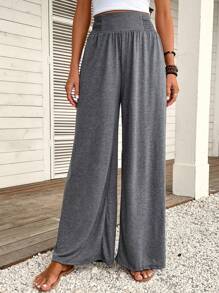 SHEIN LUNE Pantalones de pierna ancha unicolor - Gris Oscuro - Ver 1