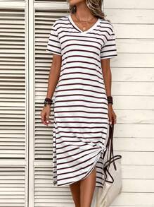 SHEIN LUNE Đầm Chia Sọc Giải trí - màu nâu - Xem 1