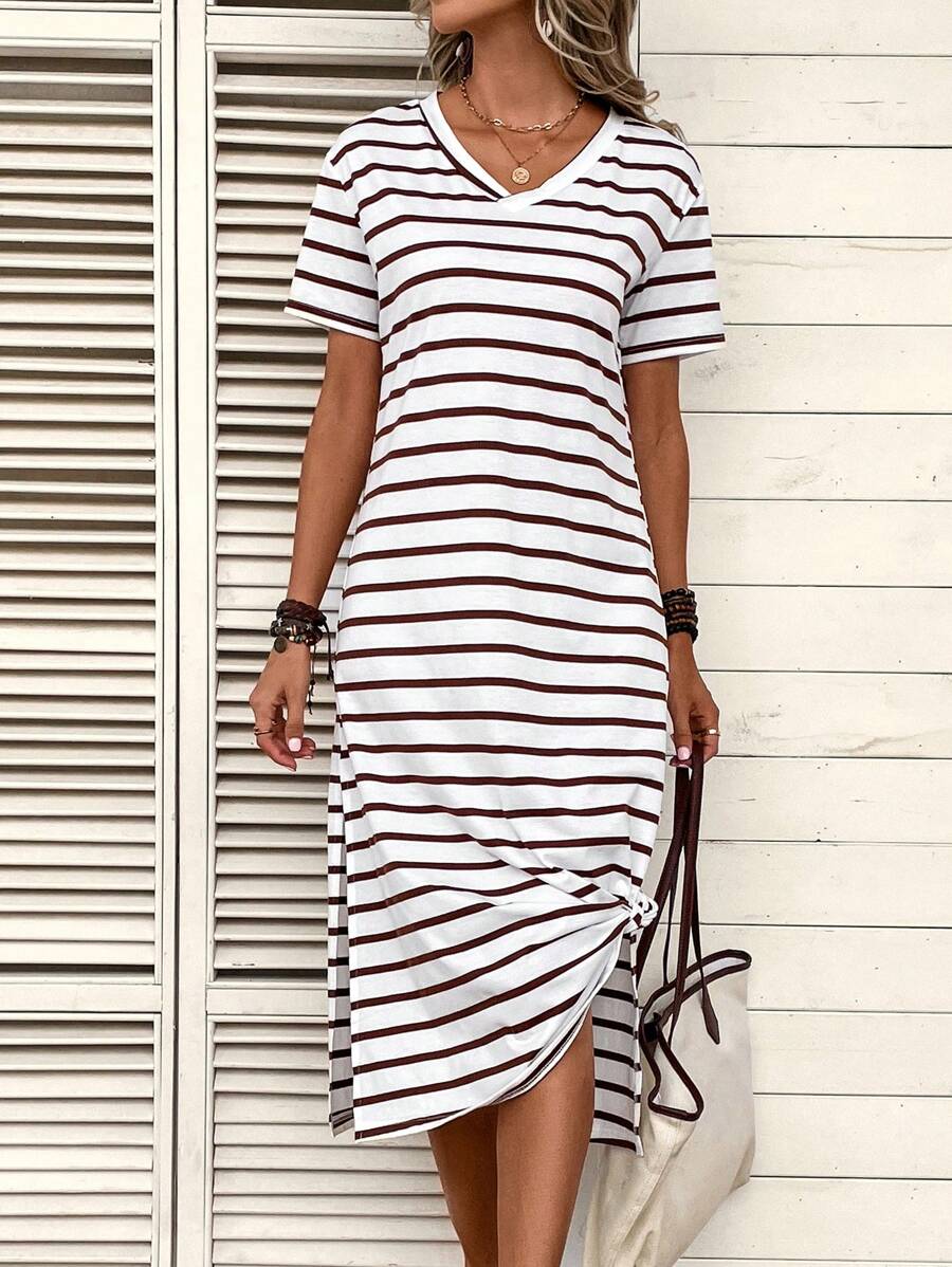 SHEIN LUNE Đầm Chia Sọc Giải trí - màu nâu - Xem 1